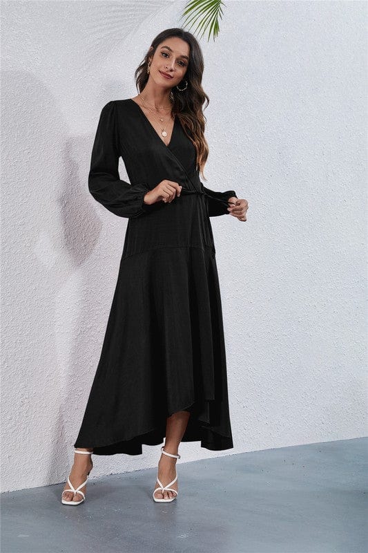 Long Sleeve V - Neck Maxi Dress with Waist Tie & Side Slit - Demented Sisters
