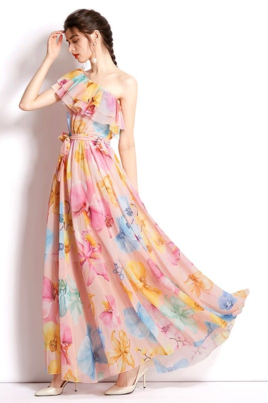 One - Shoulder Floral Chiffon Maxi Dress – Multi - Print Flowing Gown with Ruffle Trim - Demented Sisters