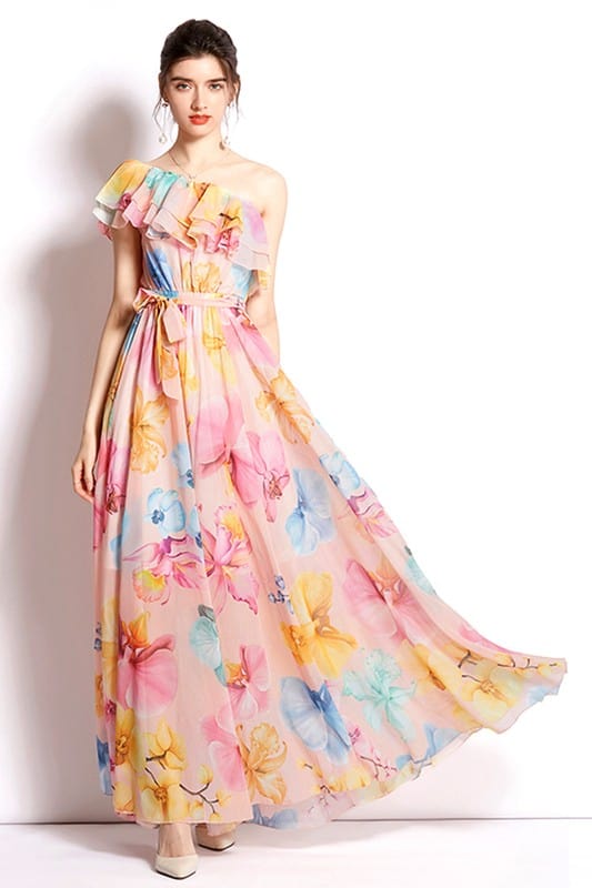 One - Shoulder Floral Chiffon Maxi Dress – Multi - Print Flowing Gown with Ruffle Trim - Demented Sisters