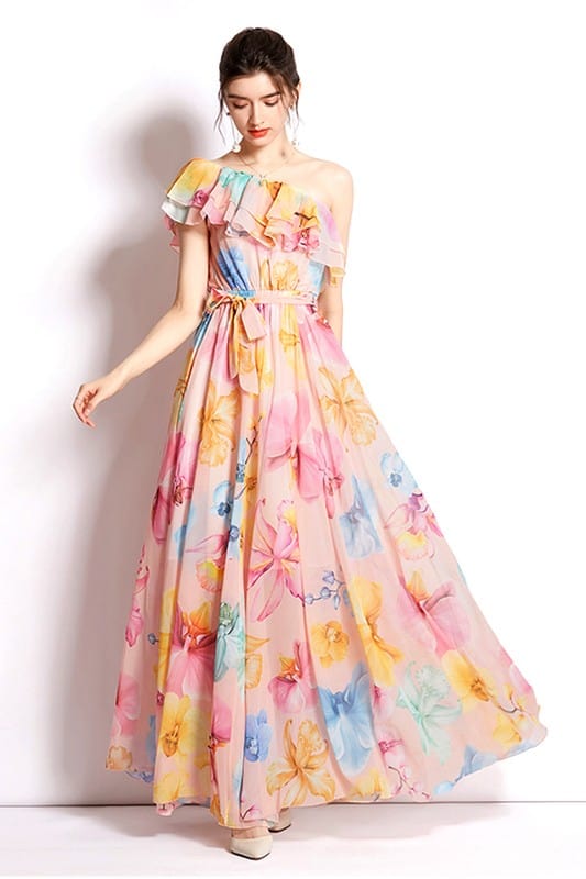 One - Shoulder Floral Chiffon Maxi Dress – Multi - Print Flowing Gown with Ruffle Trim - Demented Sisters