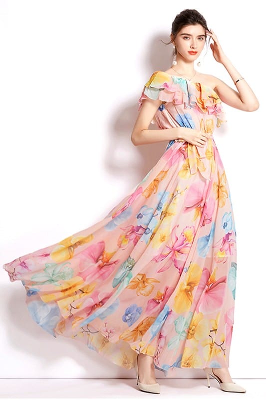 One - Shoulder Floral Chiffon Maxi Dress – Multi - Print Flowing Gown with Ruffle Trim - Demented Sisters
