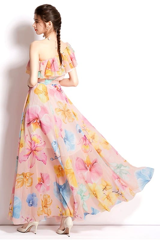 One - Shoulder Floral Chiffon Maxi Dress – Multi - Print Flowing Gown with Ruffle Trim - Demented Sisters