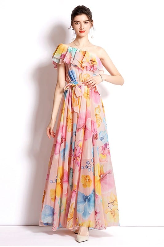 One - Shoulder Floral Chiffon Maxi Dress – Multi - Print Flowing Gown with Ruffle Trim - Demented Sisters
