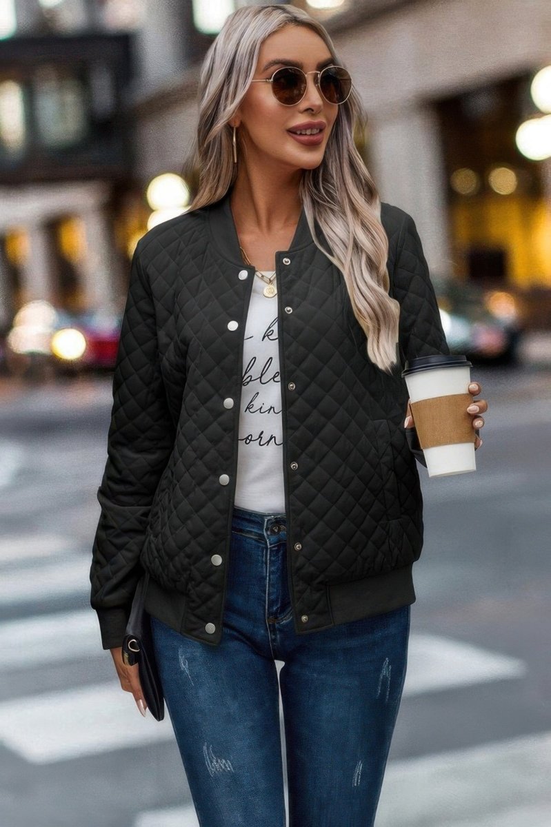 Solid Plaid Stitch Pockets Bomber Jacket - Demented Sisters