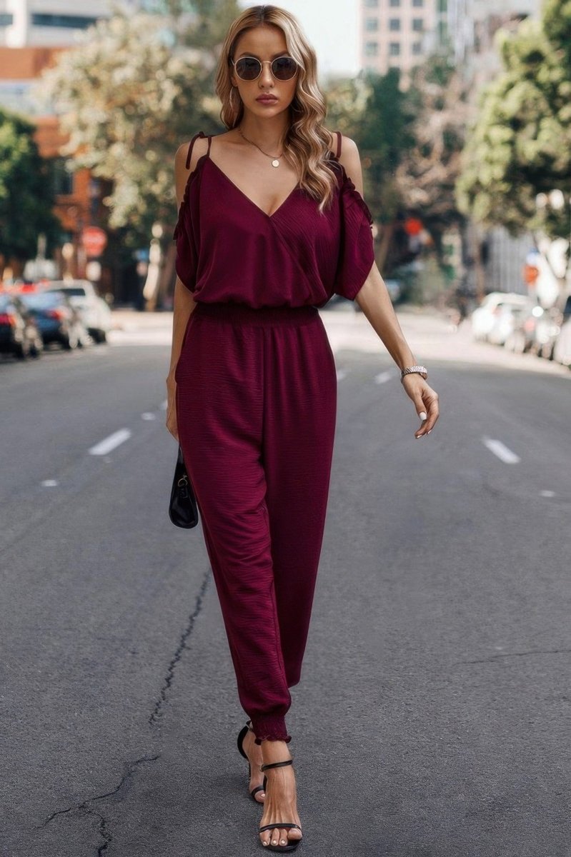 Chic Cold Shoulder V - Neck Jumpsuit – Lightweight & Flattering Fit - Demented Sisters