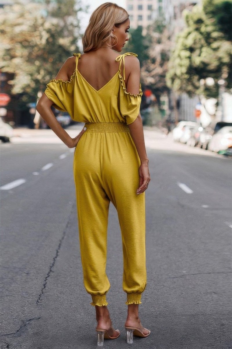 Chic Cold Shoulder V - Neck Jumpsuit – Lightweight & Flattering Fit - Demented Sisters