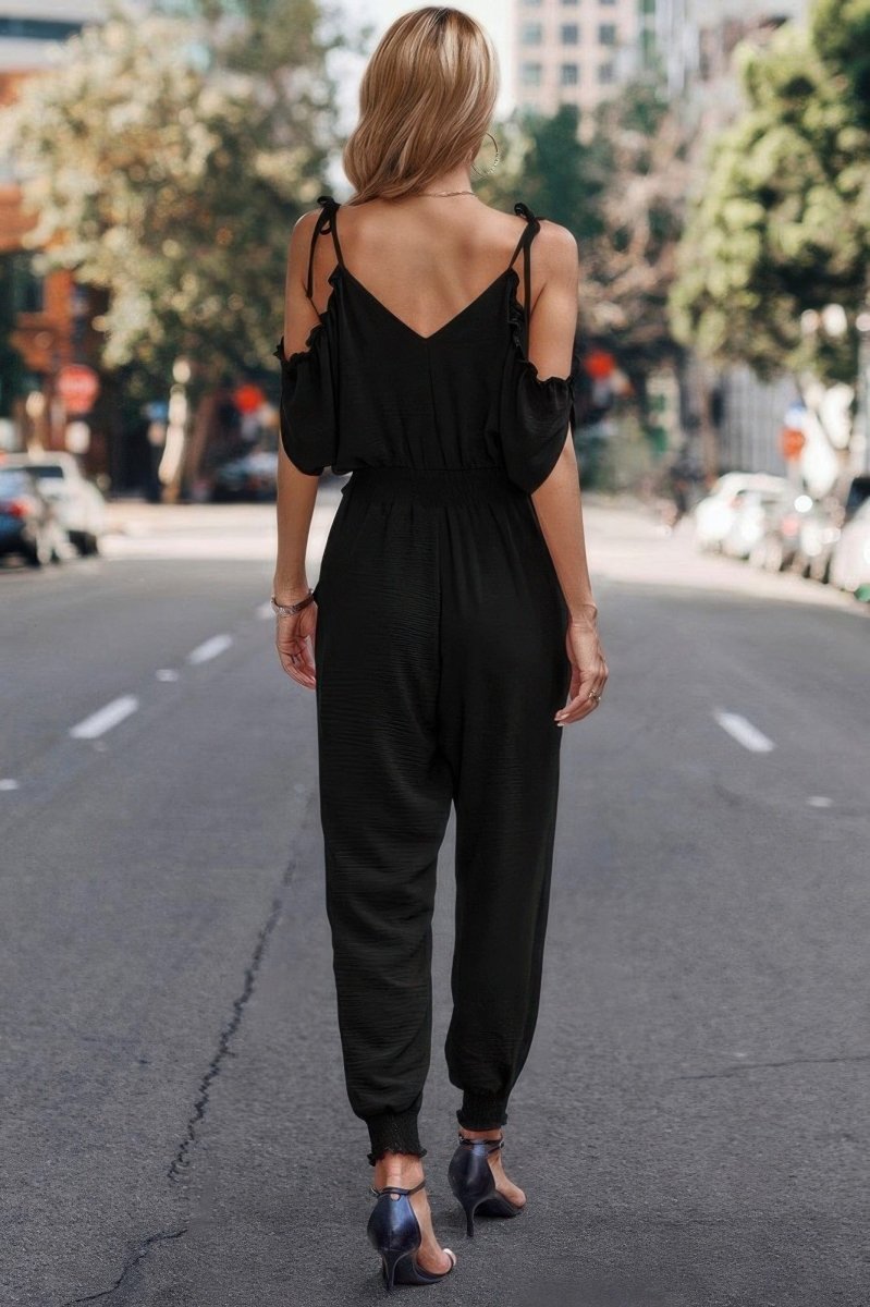 Chic Cold Shoulder V - Neck Jumpsuit – Lightweight & Flattering Fit - Demented Sisters