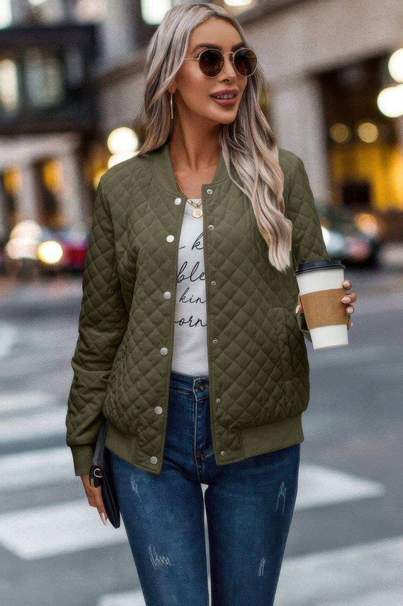 Solid Plaid Stitch Pockets Bomber Jacket - Demented Sisters