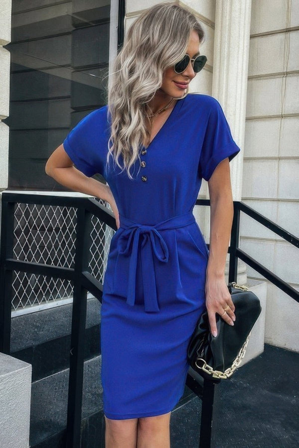 Solid Button Detail Cuffed Pocket Short Dress - Demented Sisters