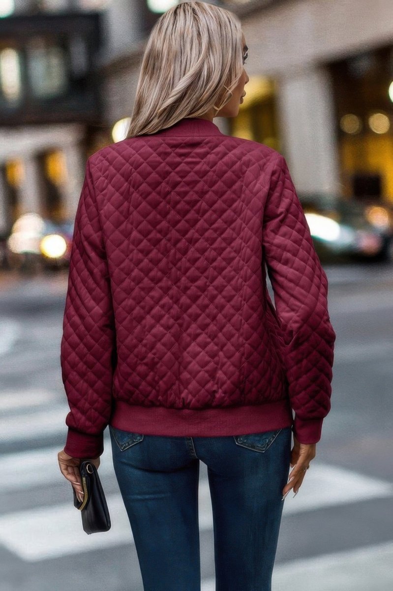 Solid Plaid Stitch Pockets Bomber Jacket - Demented Sisters