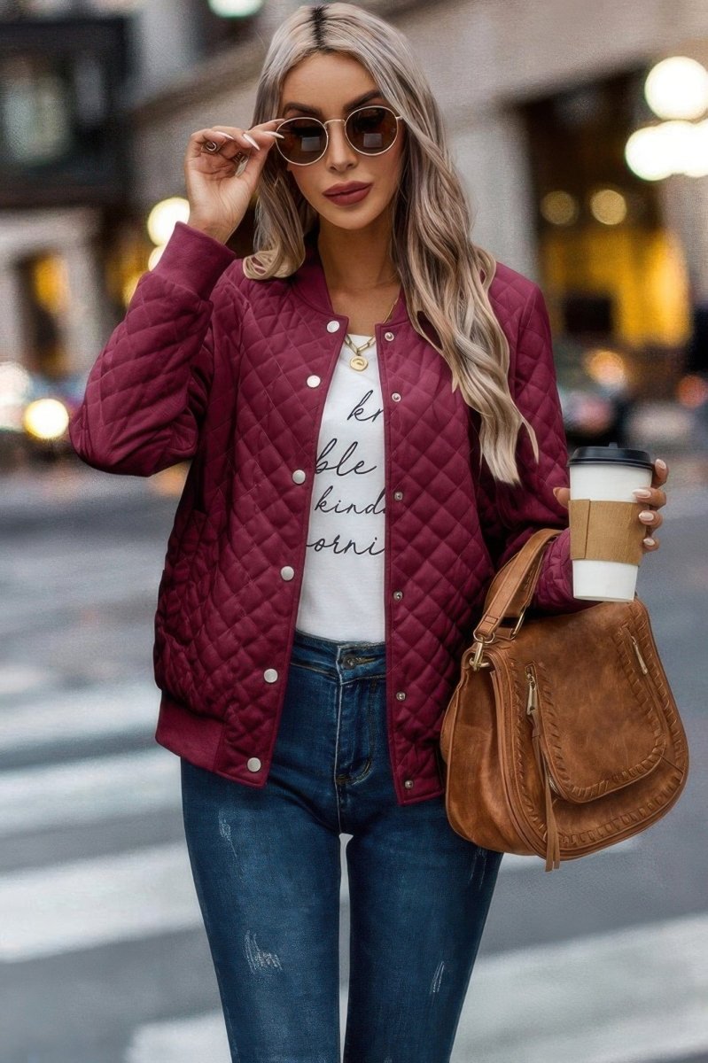 Solid Plaid Stitch Pockets Bomber Jacket - Demented Sisters