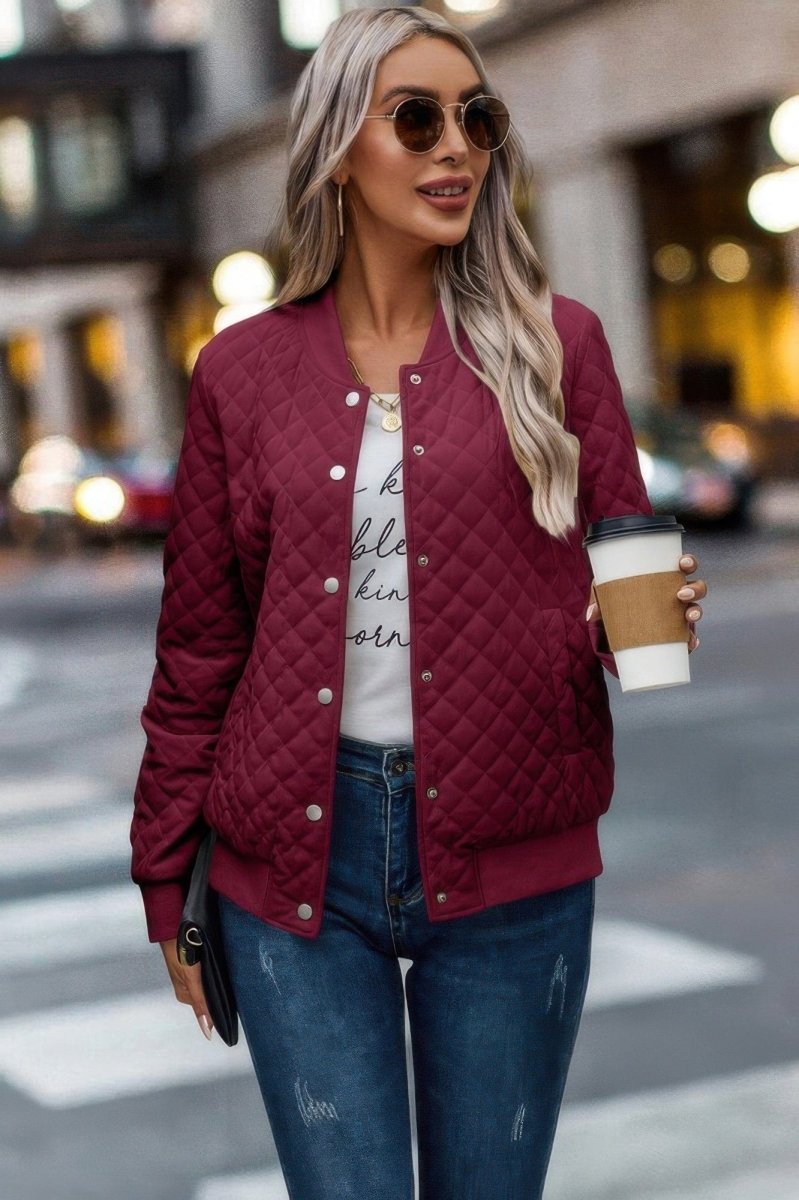 Solid Plaid Stitch Pockets Bomber Jacket - Demented Sisters